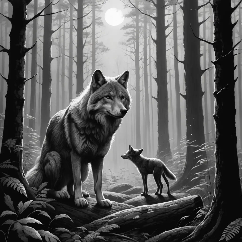 a wolf and a baby are standing in the woods at night with the moon in the background and trees, furry art, a storybook illustration, Dan Mumford, storybook illustration