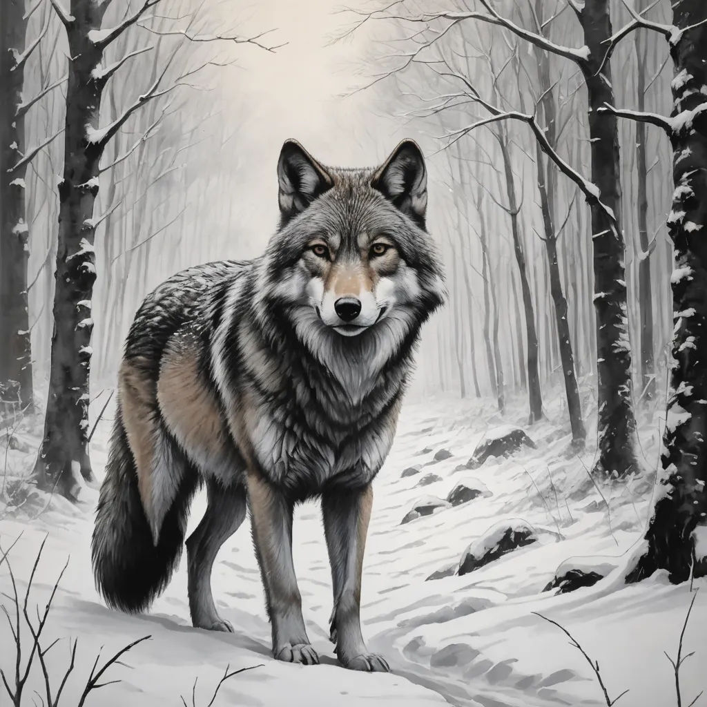 a painting of a wolf in the snow by a forest with trees and rocks, with a white sky and clouds, furry art, an airbrush painting, Dan Mumford, airbrush on canvas