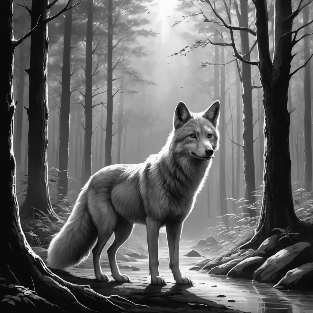 a wolf standing in the middle of a forest next to a river with a forest background and a sunbeam, furry art, a black and white photo, Cyril Rolando, official art