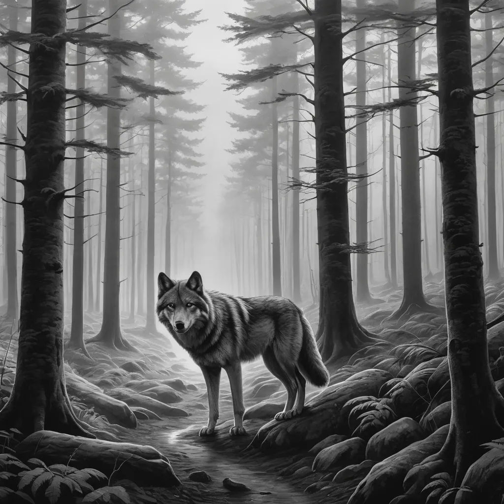 a wolf standing in the middle of a forest with rocks and trees around it, looking at the camera, modern european ink painting, a charcoal drawing, Caspar Wolf, behance hd