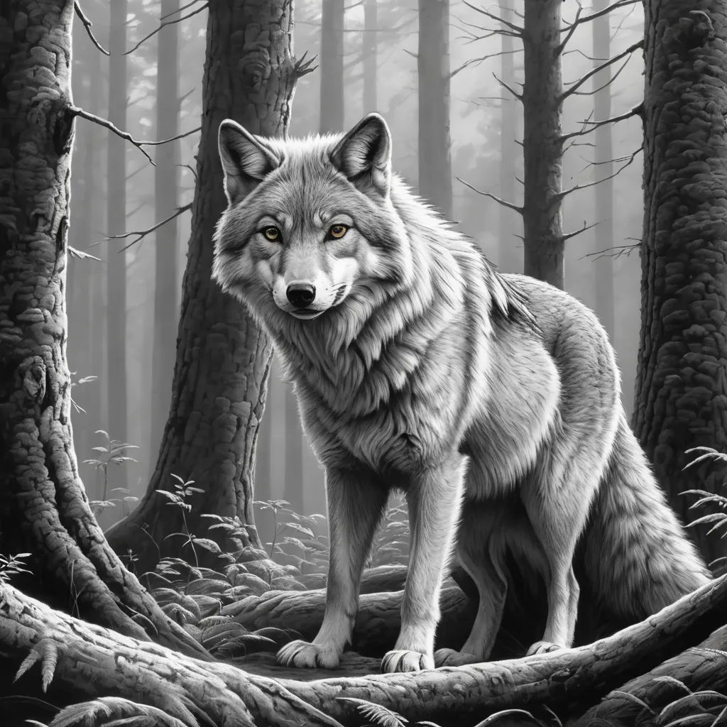 a wolf standing on a log in a forest with trees and grass in the background, with a black and white photo of the wolf, furry art, an ultrafine detailed painting, Dan Mumford, highly detailed digital painting