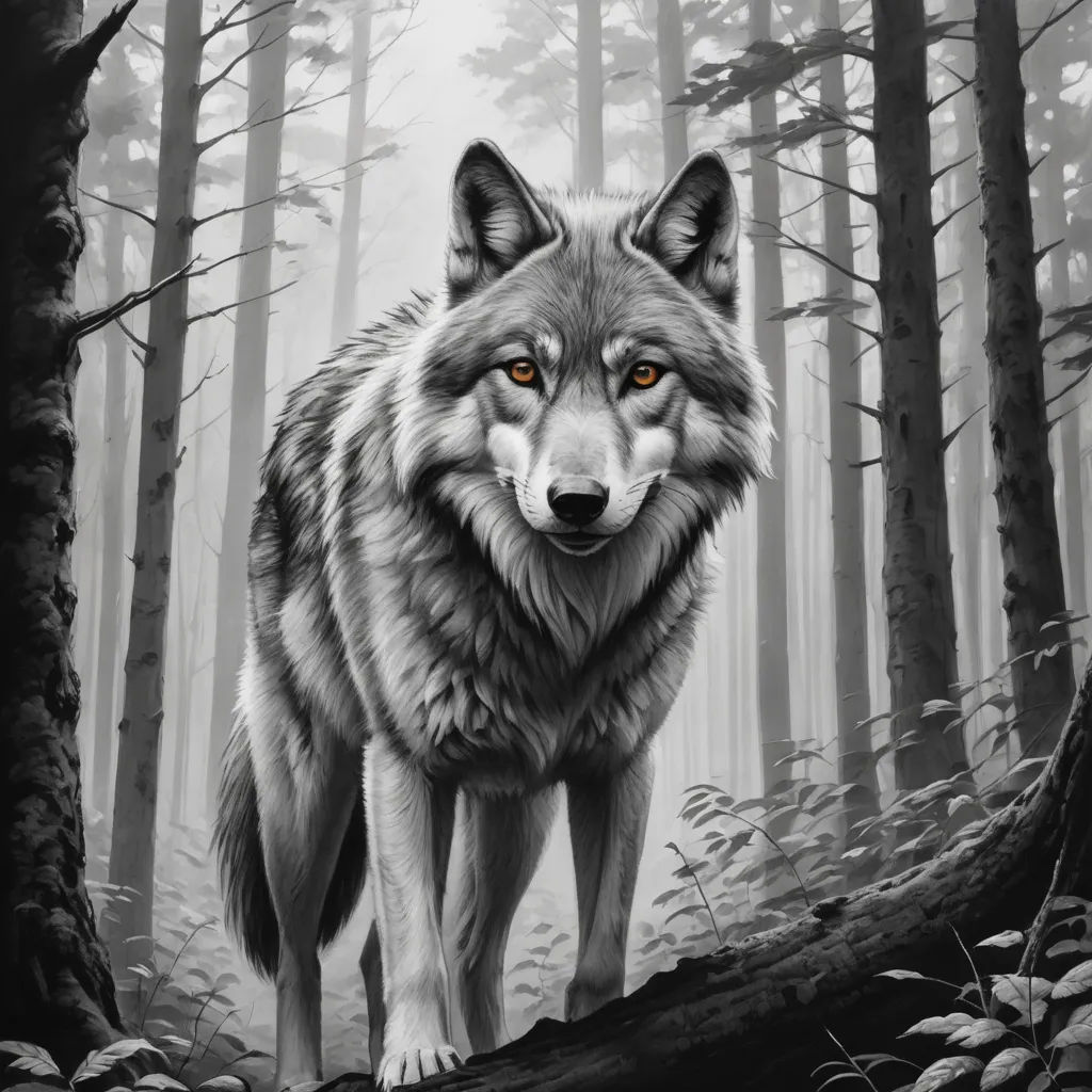 a wolf standing in the middle of a forest with orange eyes and a black background with trees and leaves, furry art, an ultrafine detailed painting, Dan Mumford, highly detailed digital painting