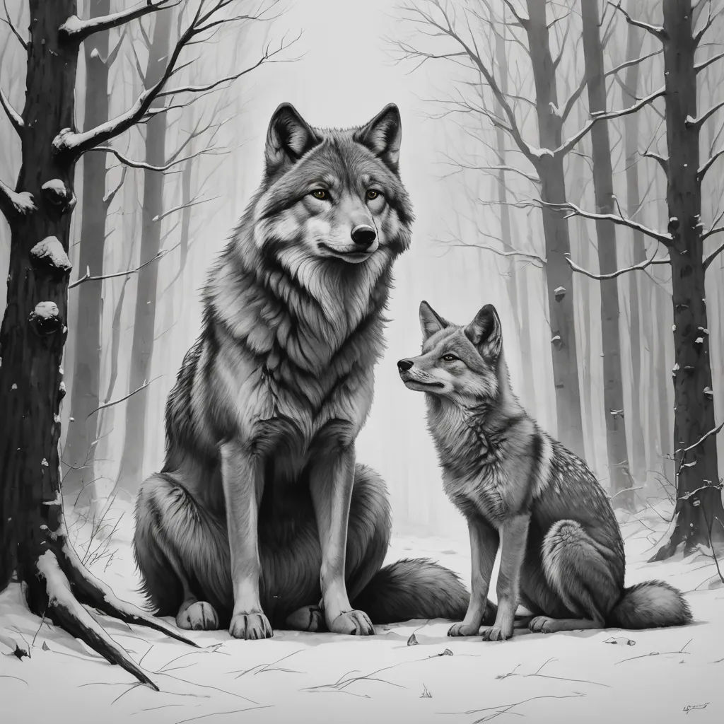 a couple of animals sitting next to each other in the snow in front of trees and snow covered ground, furry art, an ultrafine detailed painting, Dan Mumford, trending on art station