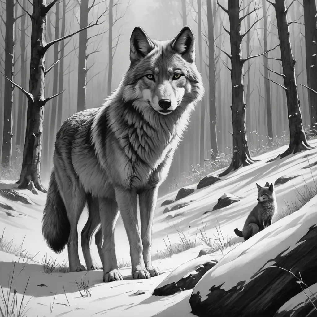 a wolf standing in the snow next to a forest filled with trees and a fox sitting on the ground, furry art, a storybook illustration, Dan Mumford, storybook illustration