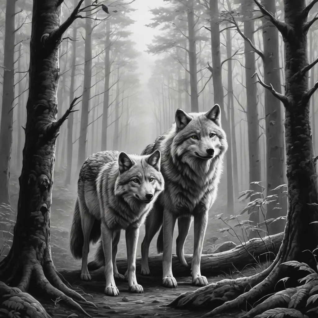 two wolfs standing in the woods with trees and rocks in the foreground, one looking at the camera, furry art, a black and white photo, Caspar Wolf, highly detailed digital art
