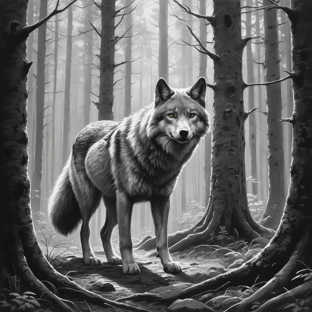 a wolf standing in the middle of a forest with trees and leaves on the ground, looking at the camera, furry art, a digital painting, Dan Mumford, highly detailed digital painting