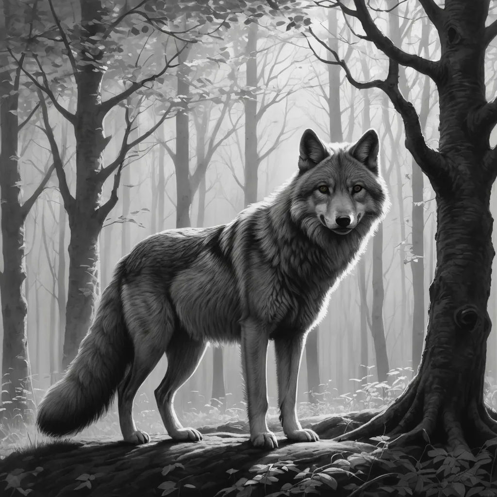a wolf standing in the middle of a forest with trees and leaves on the ground, looking at the camera, furry art, an ultrafine detailed painting, Brom, storybook illustration