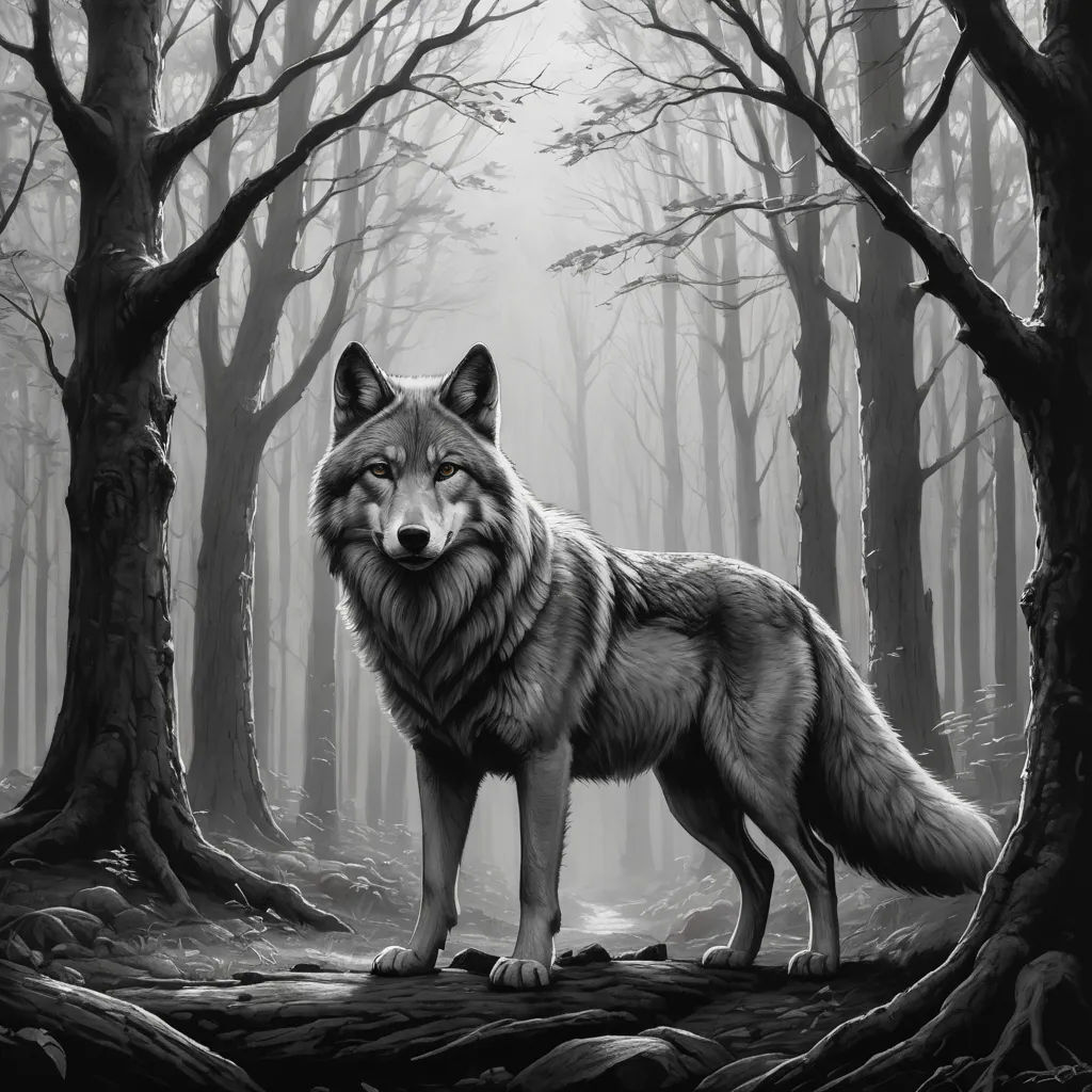 a wolf standing in the middle of a forest with trees and rocks in front of it, looking at the camera, furry art, a charcoal drawing, Caspar Wolf, highly detailed digital art