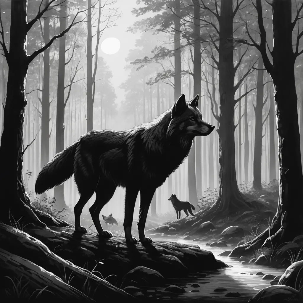 a wolf and a fox in a forest with a full moon in the background, with a stream running through the woods, gothic art, a storybook illustration, Dan Mumford, storybook illustration