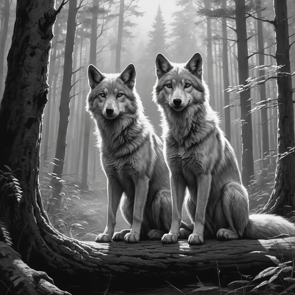 two wolfs sitting on a log in a forest with trees and grass in the background, with a black and white photo of two wolfs sitting on a log, furry art, a black and white photo, Dan Mumford, highly detailed digital painting