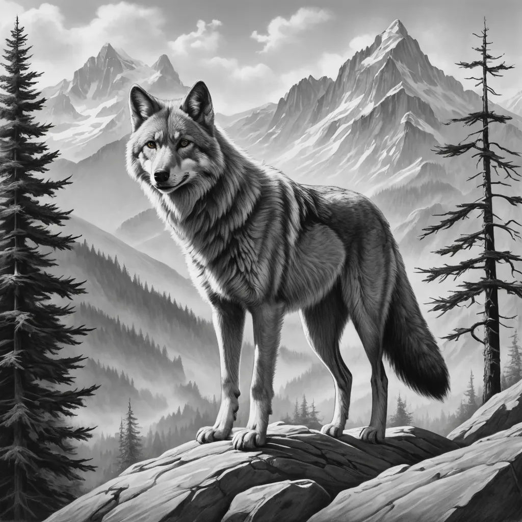 a wolf standing on top of a mountain next to a forest filled with trees and mountains in the background, furry art, an airbrush painting, Dan Mumford, highly detailed digital painting