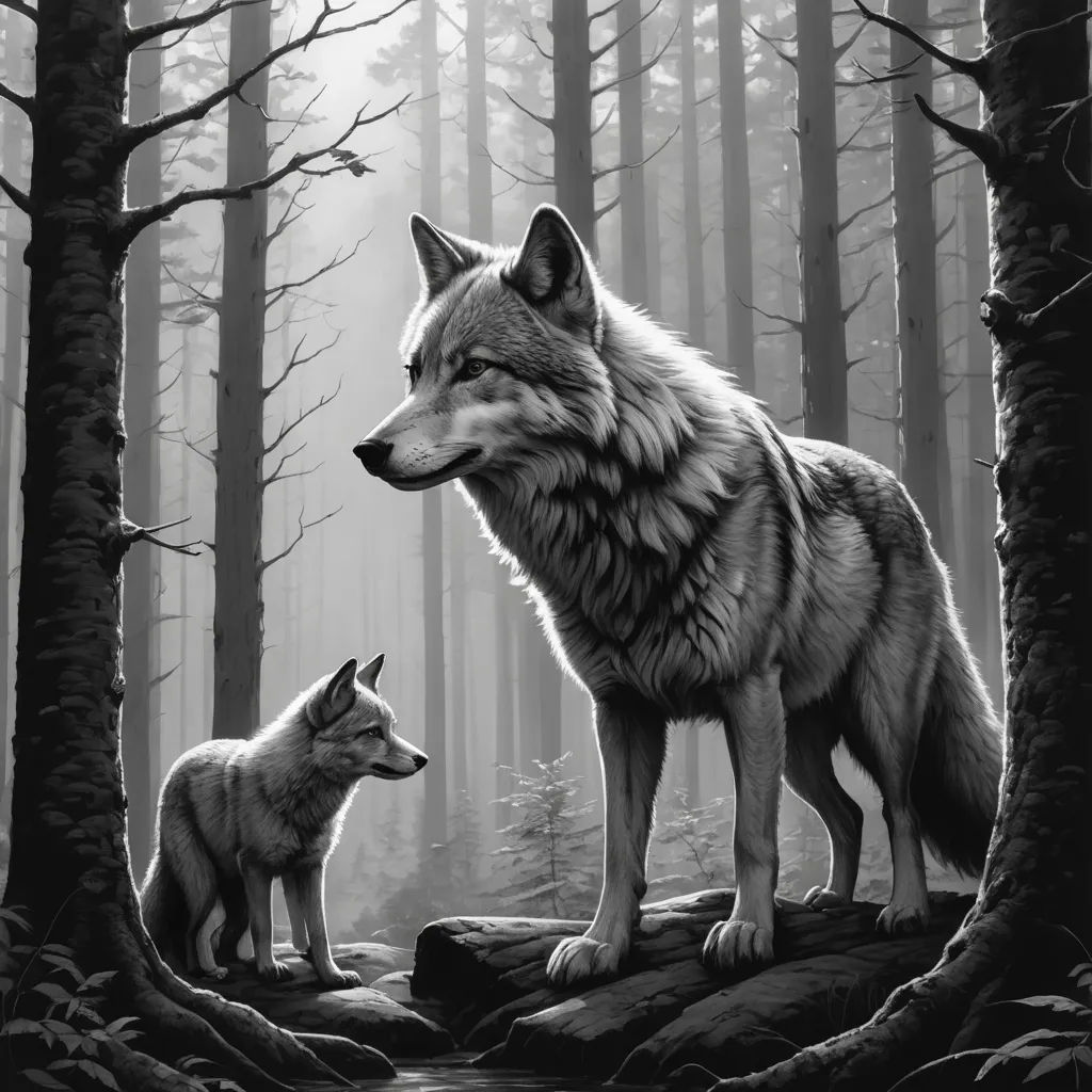 a wolf and a baby are standing in the woods together, looking at each other, with a forest background, furry art, a storybook illustration, Dan Mumford, official art