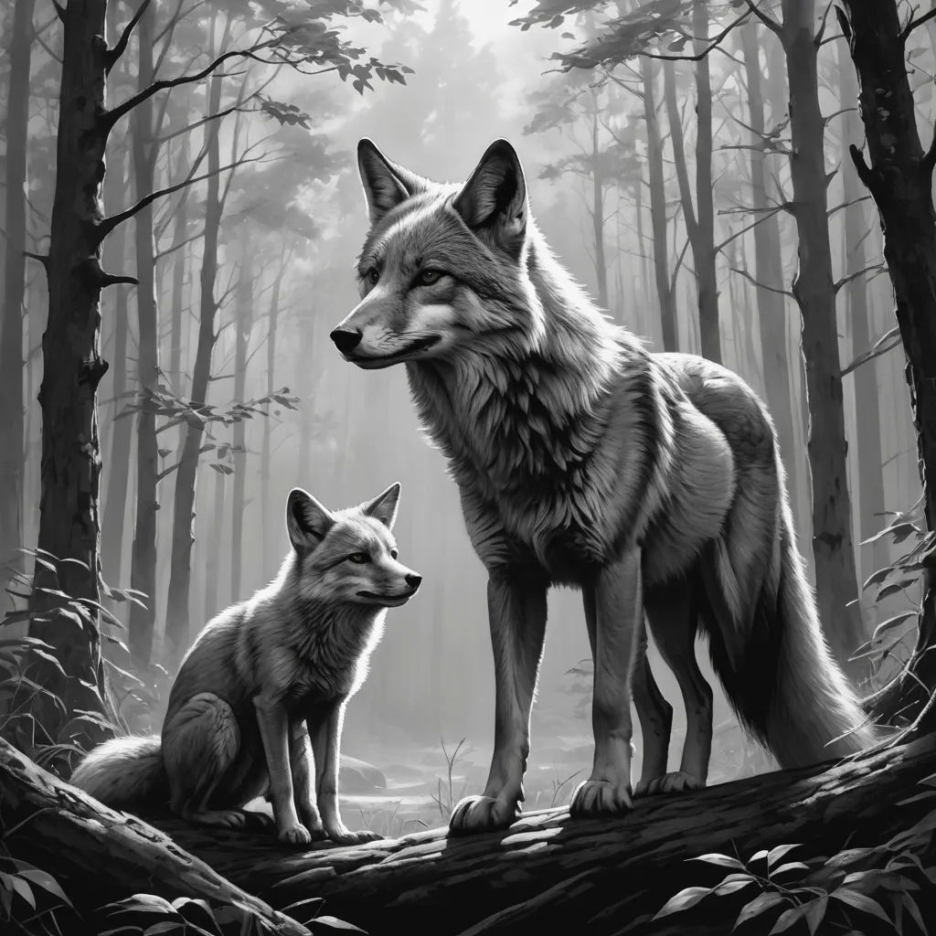 two wolfs standing in the woods with trees and leaves around them, one is looking at the camera, furry art, a storybook illustration, Dan Mumford, official art