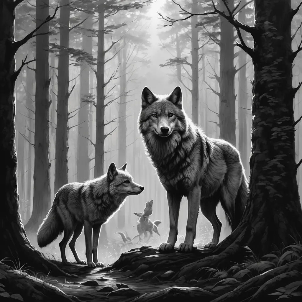 two wolfs standing in the woods with a dinosaur in the background and a forest full of trees and other animals, modern european ink painting, a storybook illustration, Dan Mumford, comic cover art