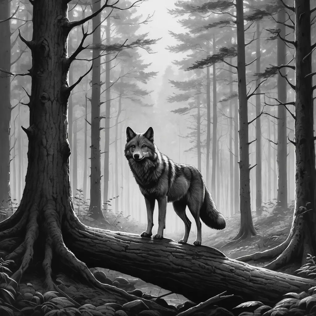 a wolf standing on a log in a forest with trees and rocks in the foreground, with a black and white background, modern european ink painting, a charcoal drawing, Dan Mumford, promotional image