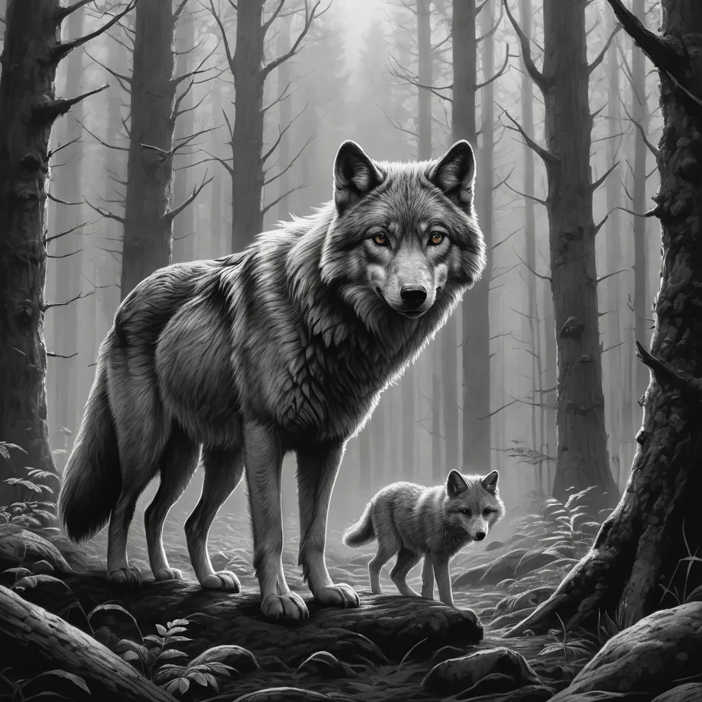 a wolf and a baby are standing in the woods together, with the wolf looking on from the woods, furry art, a storybook illustration, Dan Mumford, grey background