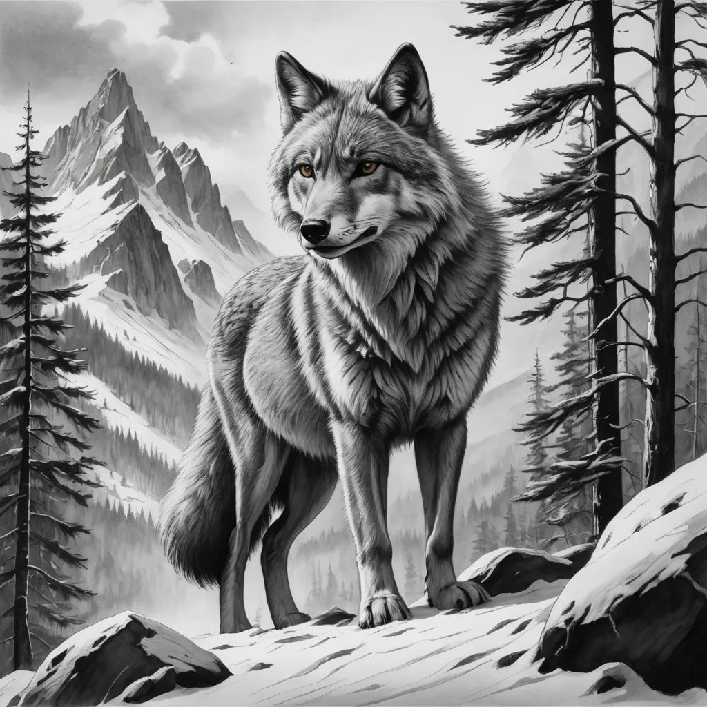 a drawing of a wolf standing on a snowy hill with mountains in the background and trees in the foreground, furry art, a charcoal drawing, Dan Mumford, detailed drawing