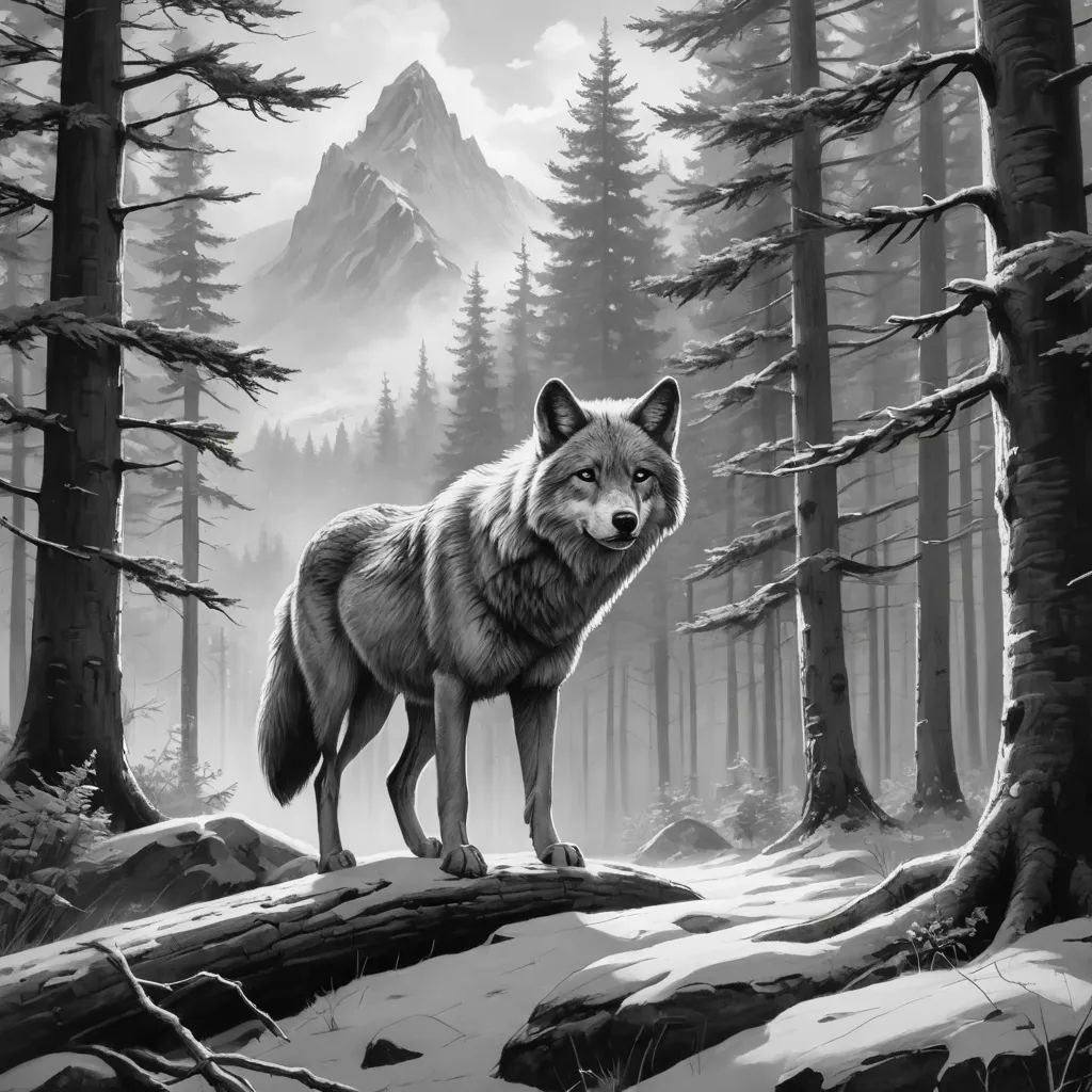 a wolf standing on a rock in the woods with a mountain in the background and trees around it, with a full moon in the sky, furry art, concept art, Dan Mumford, magic the gathering artwork