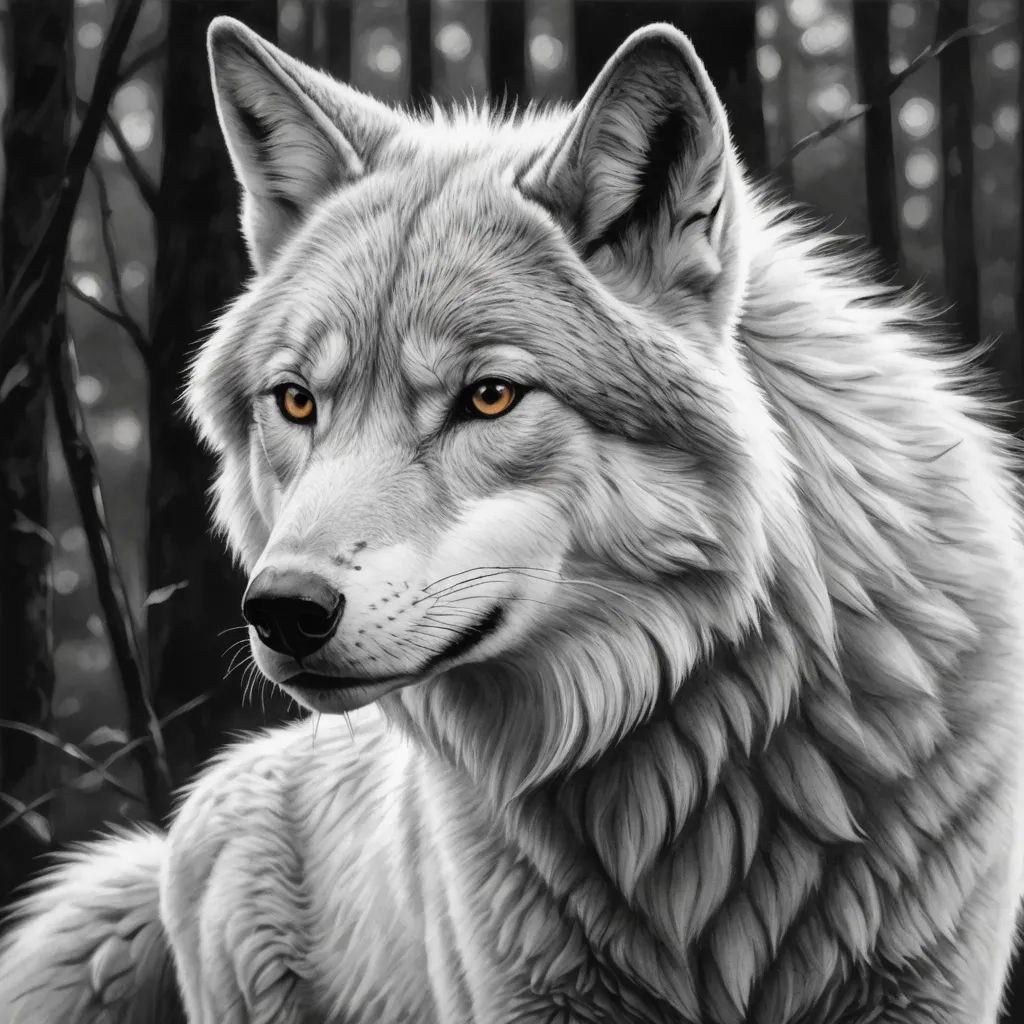 a wolf with yellow eyes sitting in the woods by a fence with trees in the background and a black and white photo of the wolf, furry art, an ultrafine detailed painting, Caspar Wolf, highly detailed digital painting