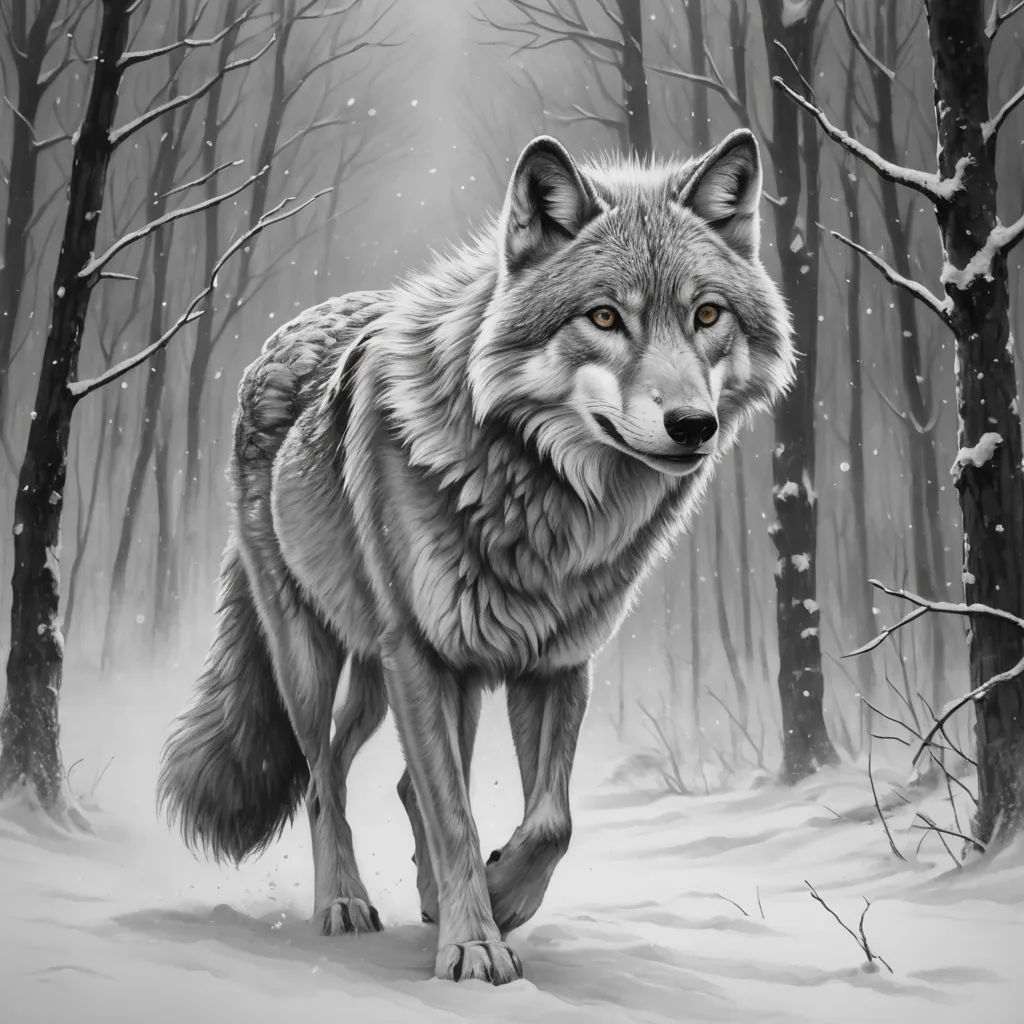 a wolf standing in the snow in front of trees and snow covered ground with a light shining on it, furry art, a digital painting, Cyril Rolando, highly detailed digital painting
