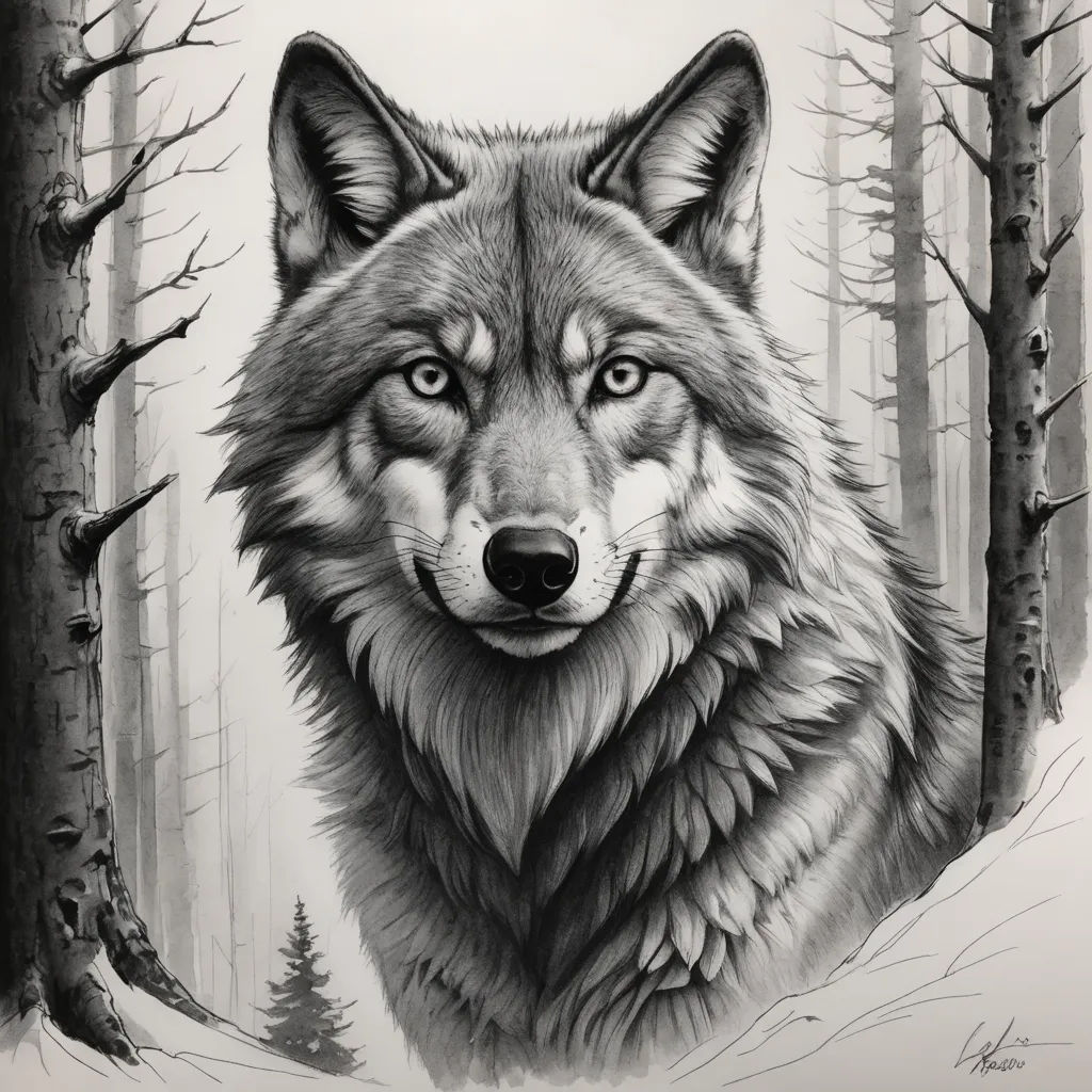 a drawing of a wolf in the woods with trees and snow on the ground, with a full moon in the background, furry art, a charcoal drawing, Dan Mumford, realistic shaded