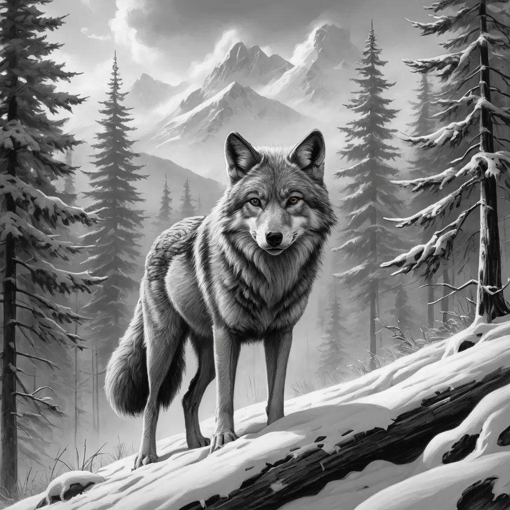 a wolf standing on top of a snow covered hill next to a forest filled with trees and a mountain, furry art, an ultrafine detailed painting, Dan Mumford, highly detailed digital painting