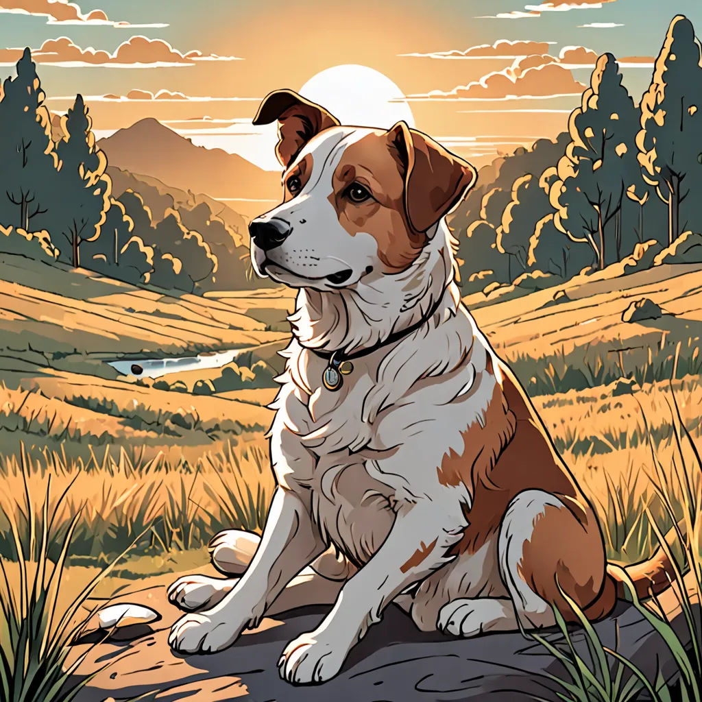a dog sitting on a rock in a field with a sunset in the background and a lake in the foreground, furry art, a comic book panel, Dan Mumford, comic cover art