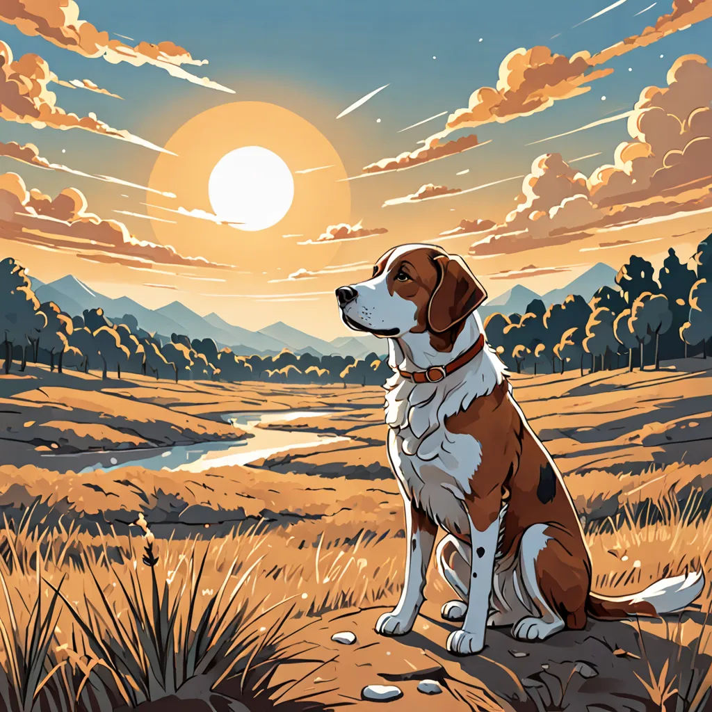a dog sitting on a rock in a field with a sunset in the background and clouds in the sky, serial art, a storybook illustration, Dan Mumford, comic cover art