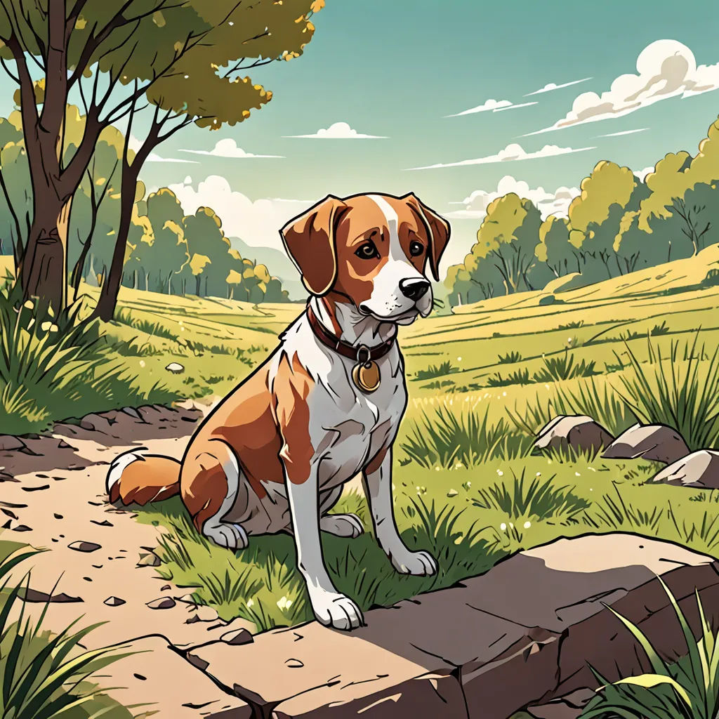 a dog sitting on a rock in a field of grass and trees with a sky background and clouds in the sky, serial art, a comic book panel, Chris LaBrooy, comic cover art
