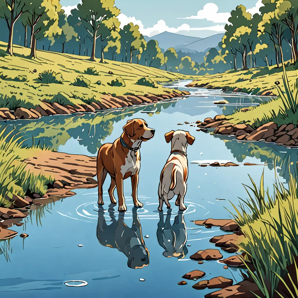 two dogs are standing in the water near a stream of water and grass and trees, and a hill in the background, environmental art, a storybook illustration, Dan Mumford, high detail illustration