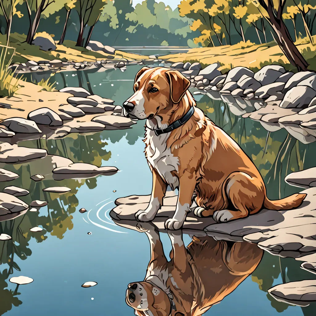 a dog sitting on a rock in a river with a reflection of it in the water and trees in the background, environmental art, a comic book panel, Dan Mumford, comic cover art