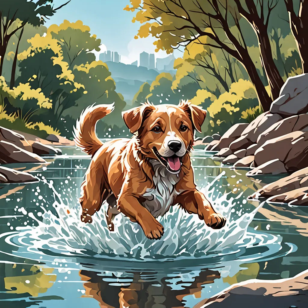 a dog running through a river with a frisbee in its mouth and a forest in the background, american scene painting, a storybook illustration, Dan Mumford, high detail illustration