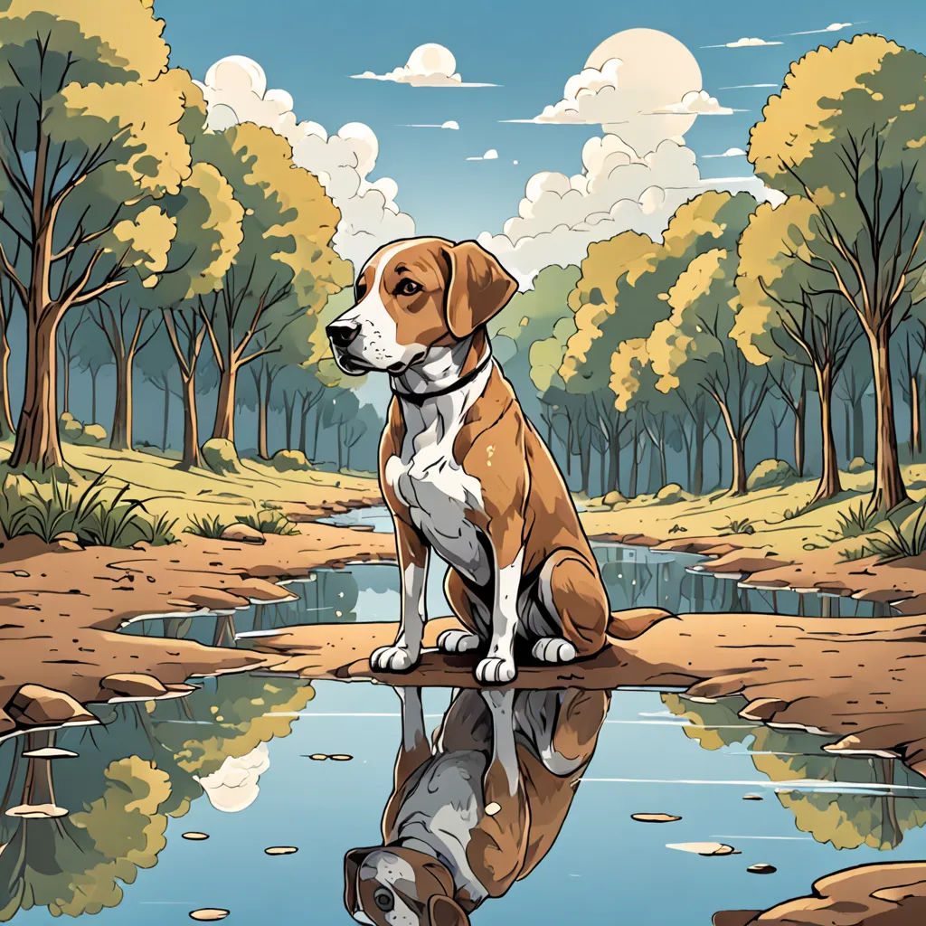 a dog sitting on a rock in a forest reflecting in a puddle of water with trees and a sky in the background, optical illusion, a comic book panel, Dan Mumford, detailed illustration