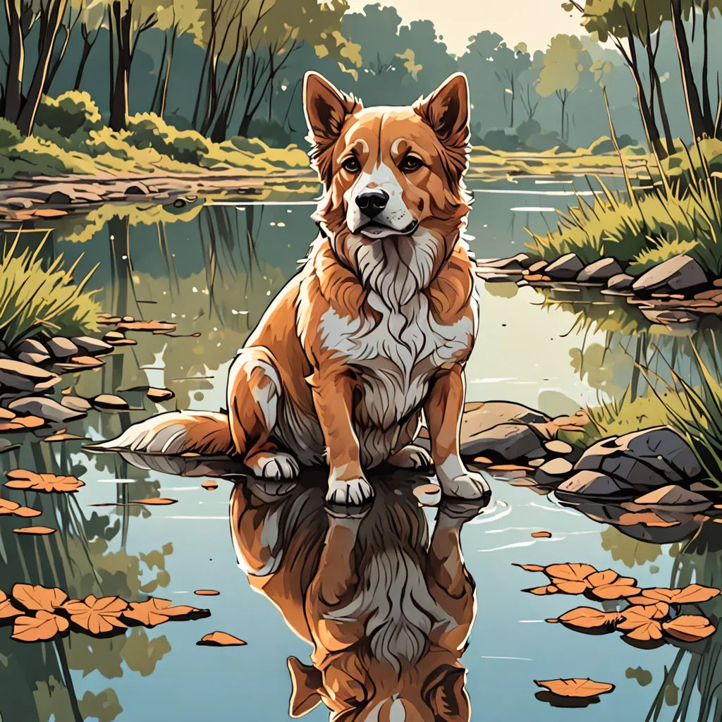 a dog sitting on a rock in a pond of water with leaves on the ground and a reflection of it in the water, furry art, a storybook illustration, Dan Mumford, reflection