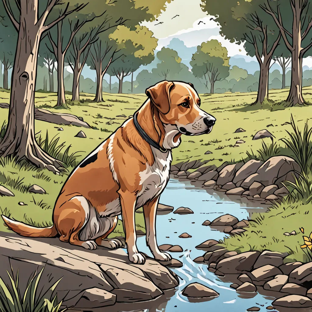 a dog sitting on a rock next to a stream of water and trees in the background, with a butterfly flying by, environmental art, a storybook illustration, Asaf Hanuka, storybook illustration