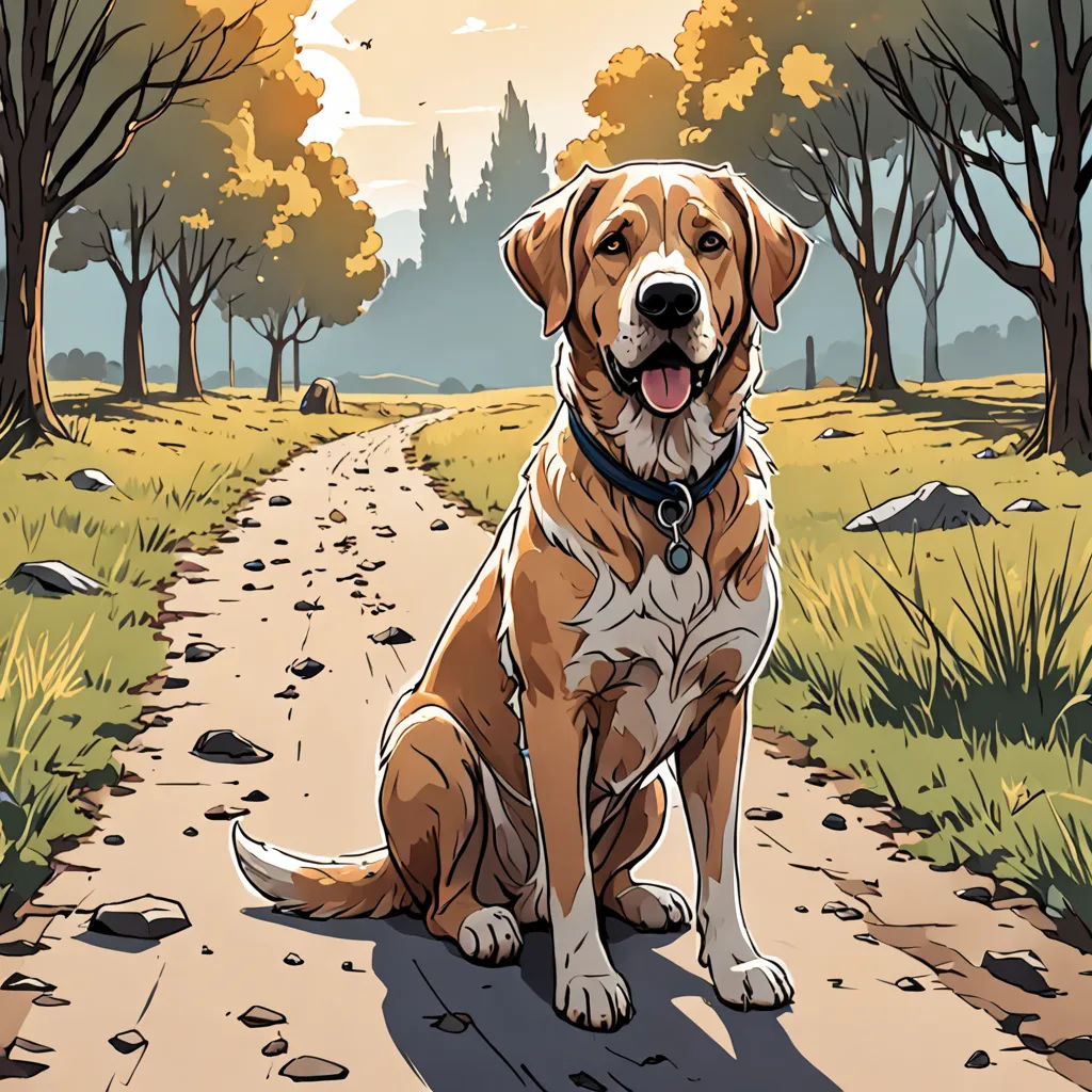 a dog sitting on a dirt road in a park with trees and grass in the background and a dog sitting on the ground, serial art, a comic book panel, Dan Mumford, comic cover art