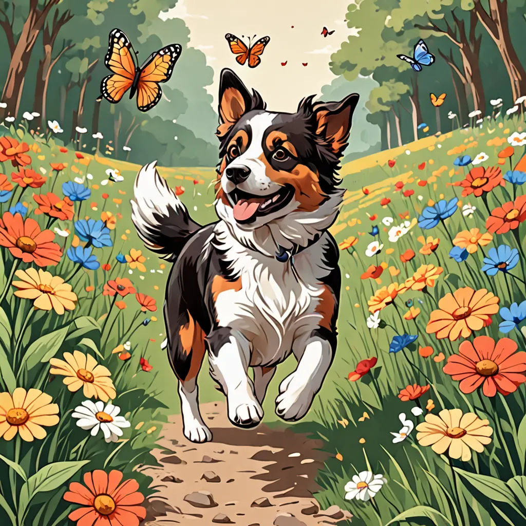 a dog running through a field of flowers with a butterfly flying above it and a butterfly flying above it, furry art, a comic book panel, David Brewster, comic cover art