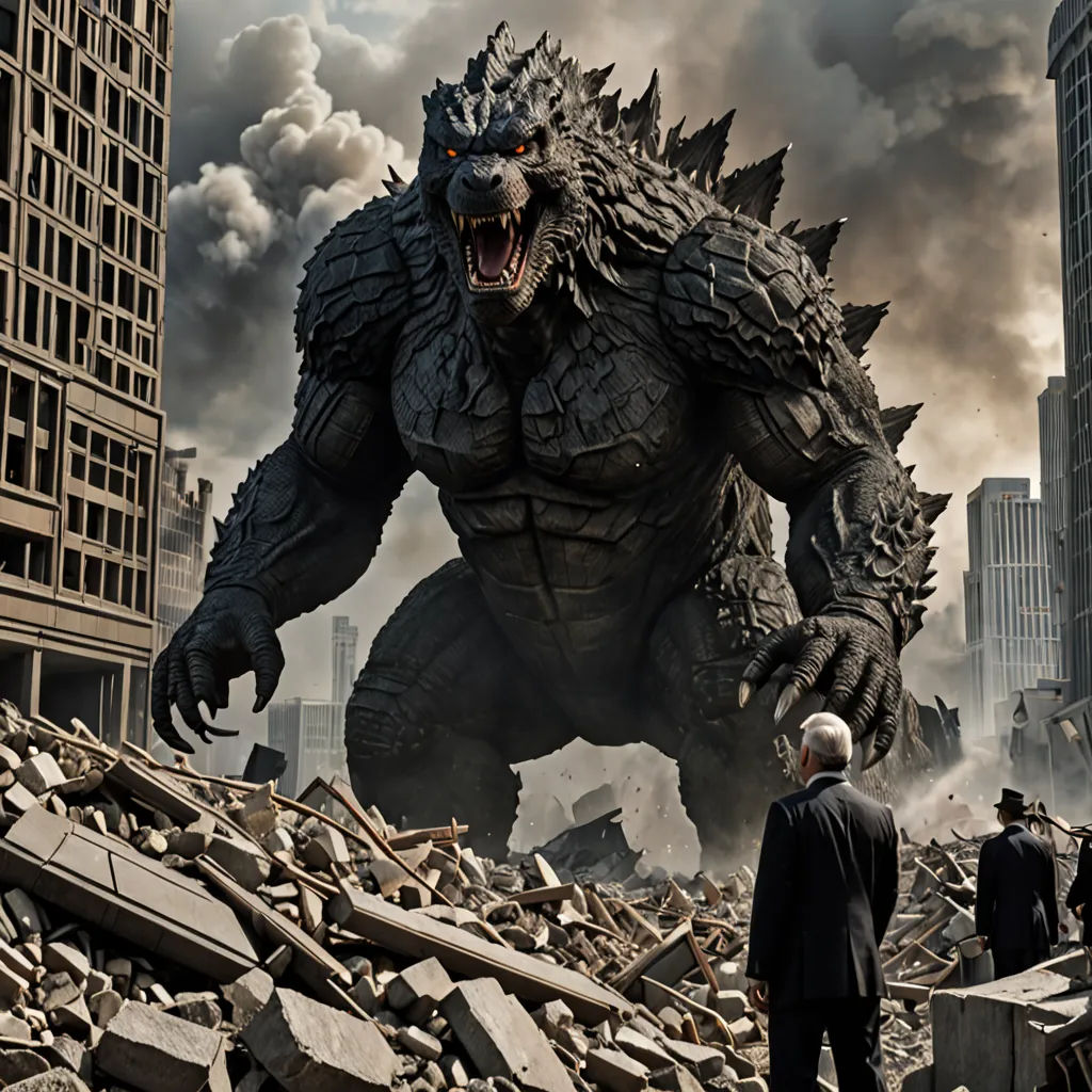 a godzilla standing in a pile of rubble with a man looking at it in the background and a city skyline, a detailed matte painting, Daryush Shokof, shock art, weta digital
