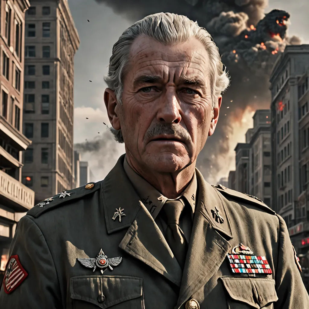 a man in a military uniform standing in front of a fire and smoke cloud in the background of a city, a detailed matte painting, Artur Tarnowski, american realism, j. c. leyendecker 8 k