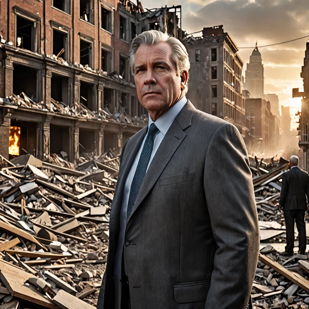 a man in a suit standing in front of a building that has been destroyed in a city with other people, a poster, Derold Page, american realism, promotional image