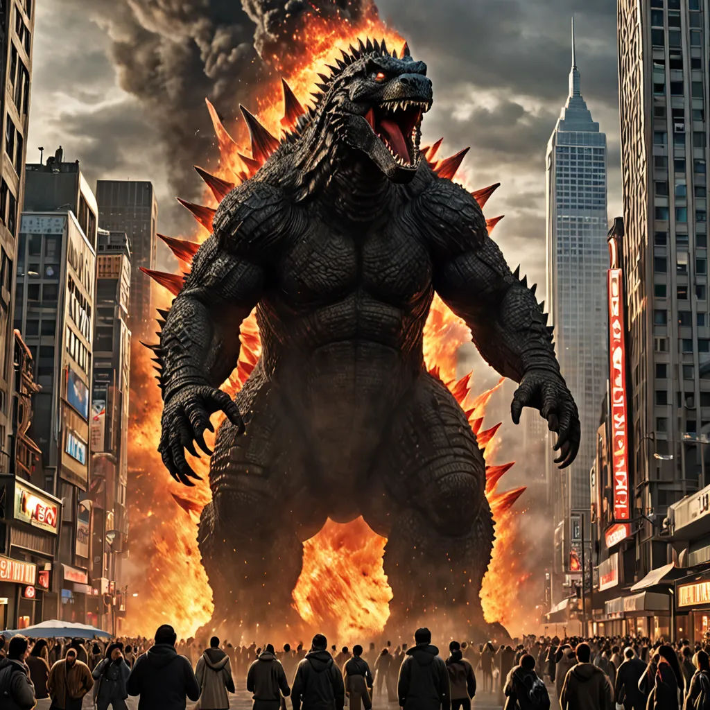 a godzilla is standing in front of a huge city fireball with flames coming out of it's mouth, concept art, Adam Rex, excessivism, promotional image