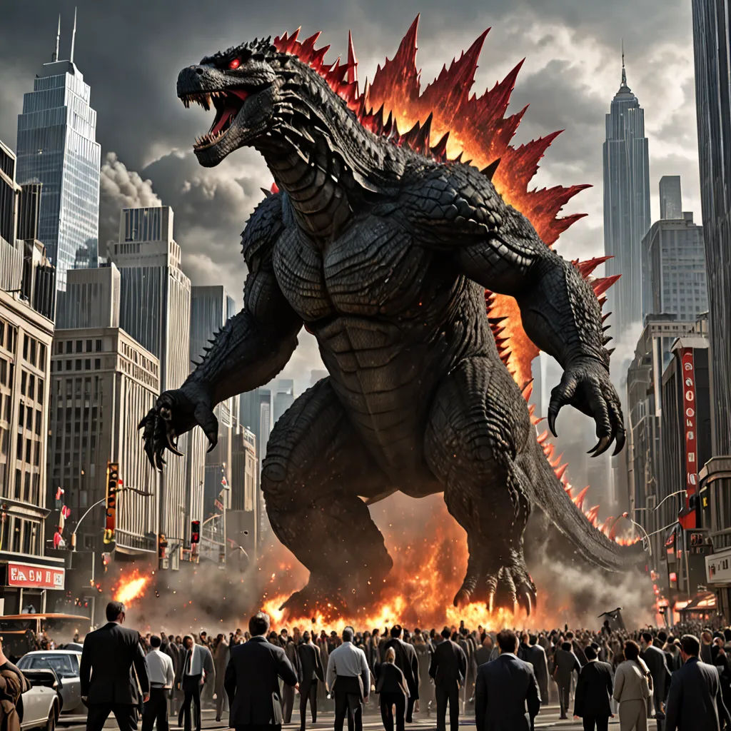 a large godzilla is standing in the middle of a crowd of people in a city with tall buildings and a dark cloudy sky, a detailed matte painting, Adam Rex, excessivism, weta digital