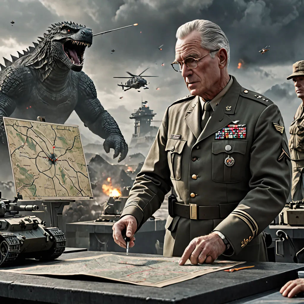 a man in uniform pointing at a map with a godzilla in the background and a man in uniform pointing at a map, a detailed matte painting, Artur Tarnowski, photorealism, promotional image