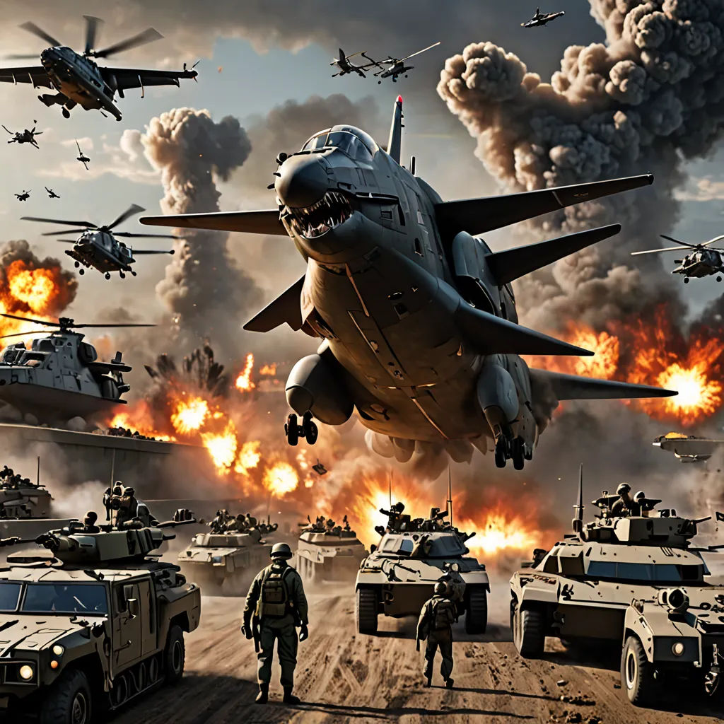 a group of military vehicles and planes flying over a desert area with a large number of tanks and planes, a detailed matte painting, Artur Tarnowski, photorealism, war