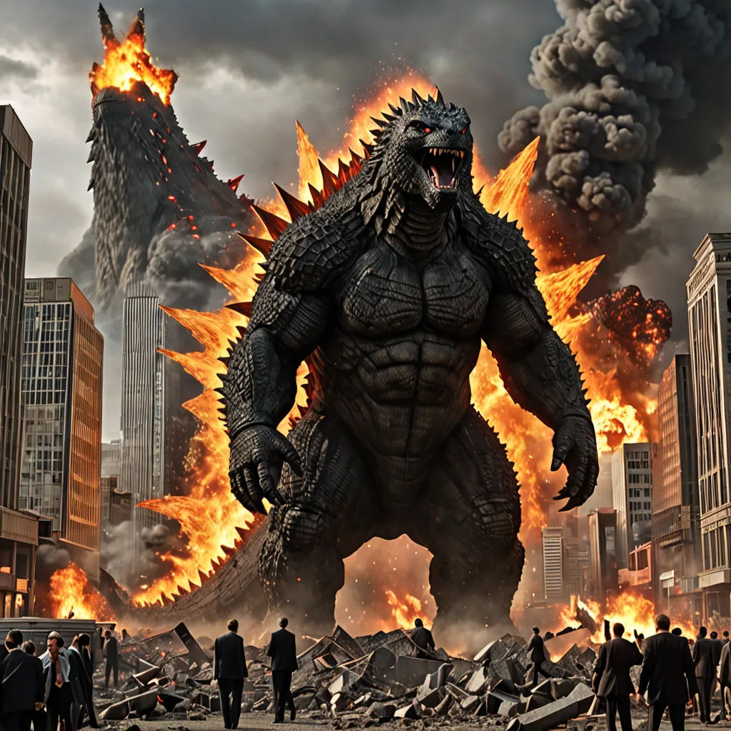 a godzilla standing in front of a huge city with flames coming out of its mouth and people standing around, concept art, Adam Rex, excessivism, weta digital