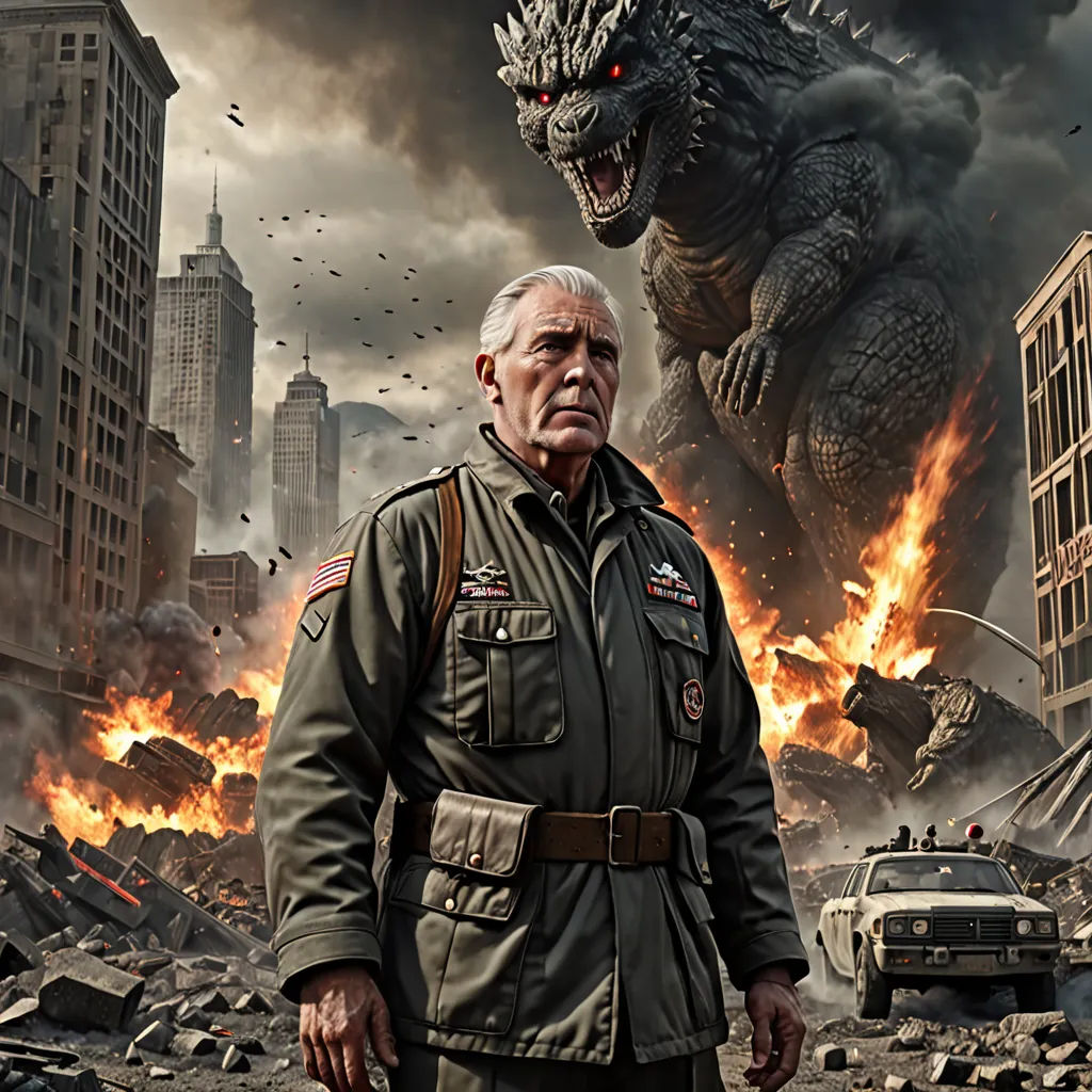 a man in a military uniform standing in front of a godzilla in a city with a car in the background, poster art, Adam Rex, photorealism, promotional image