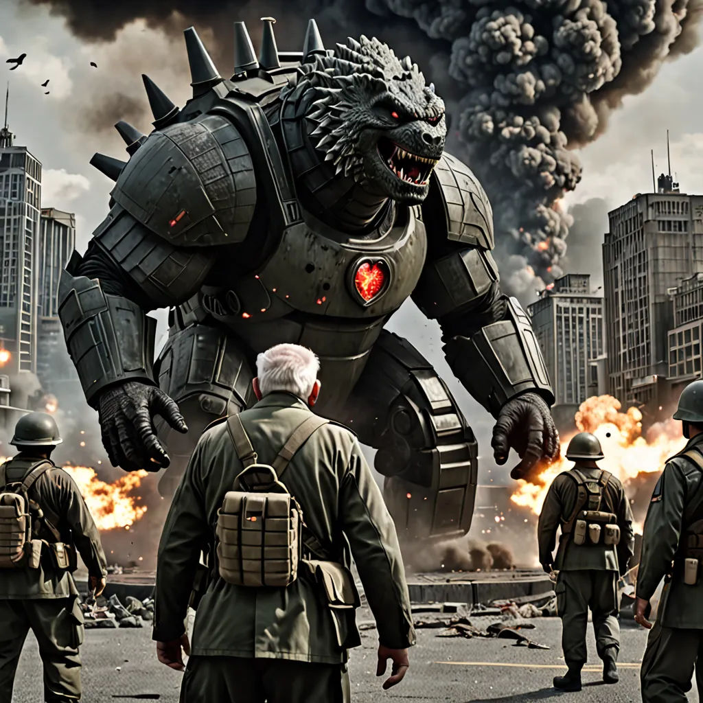 a group of soldiers standing in front of a giant robot in a city with a huge fire coming out of it, a detailed matte painting, Dirk Crabeth, photorealism, weta digital
