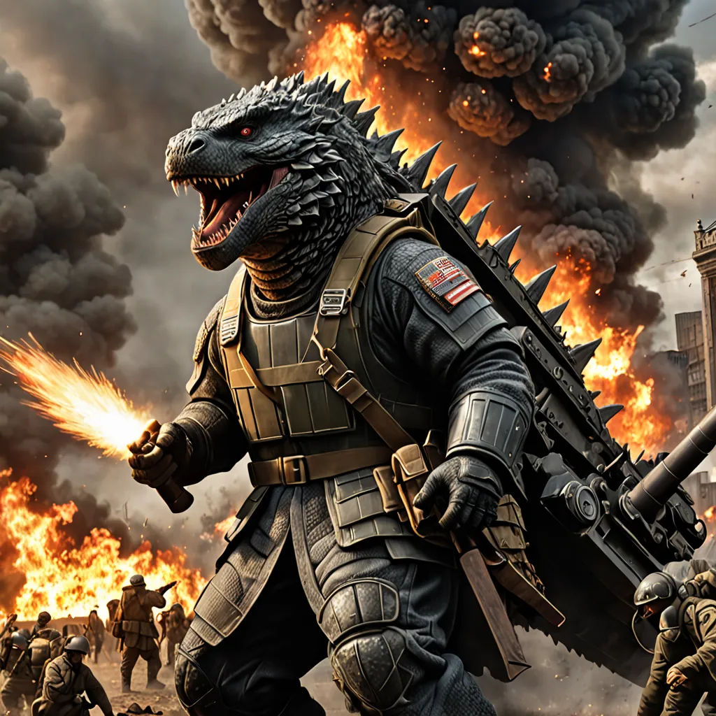 a godzilla in a military uniform with a gun in his hand and a group of soldiers in the background, poster art, Adam Rex, photorealism, weta digital