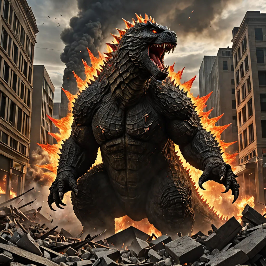 a godzilla is standing in a city with a huge fireball in the background and a building on fire, concept art, Adam Rex, excessivism, weta digital