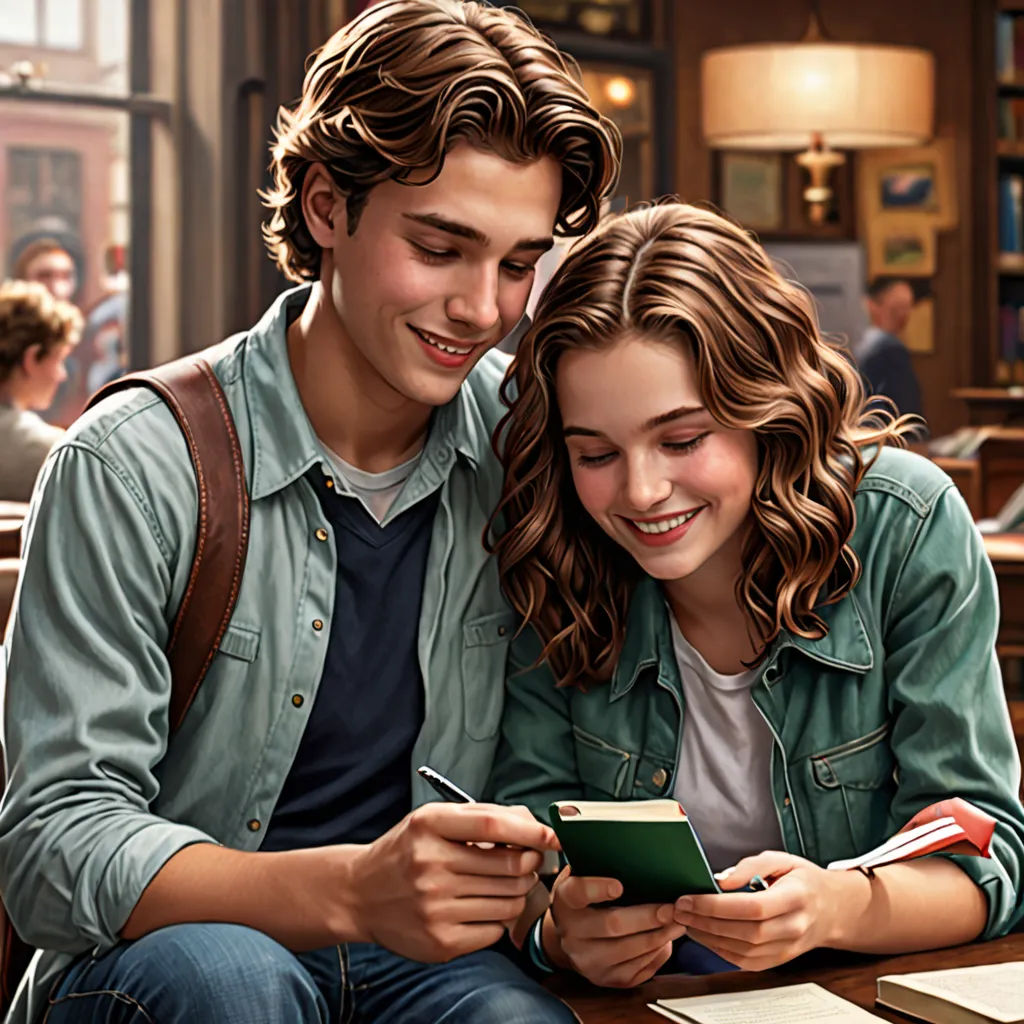 a man and a woman sitting next to each other on a table looking at a book together and smiling, photorealism, a photorealistic painting, Bob Byerley, ultra realistic illustration